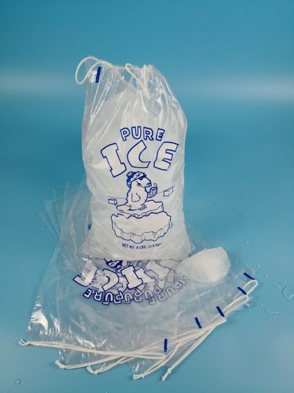Clear plastic 8Lb Drawstring biodegradable ice bags Custom Printed