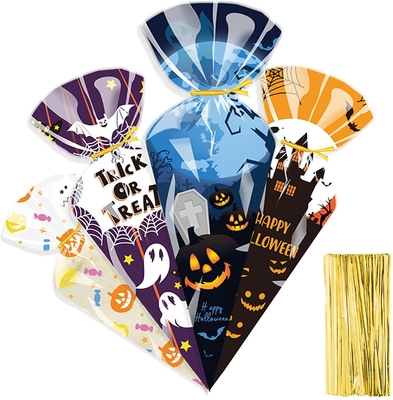 Clear Cone Treat Bags Cellophane Cone Treat Bags Plastic Cone Bags Triangle Bags with 200 PCS Twist Ties for candy